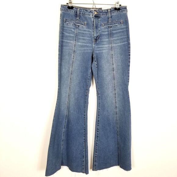 So Women Flare Jeans Size 31 Blue Low Rise Raw Hem Boho - Picture 1 of 10